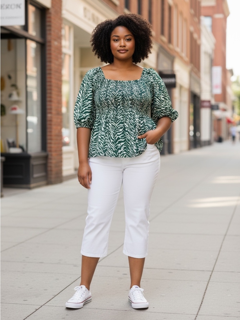 Ava & Viv Green and White Smocked Peasant Blouse